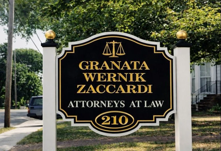 Custom law firm exterior sign for Granata Wernik Zaccardi — designed and crafted by Frenchtown Signs in Frenchtown, NJ