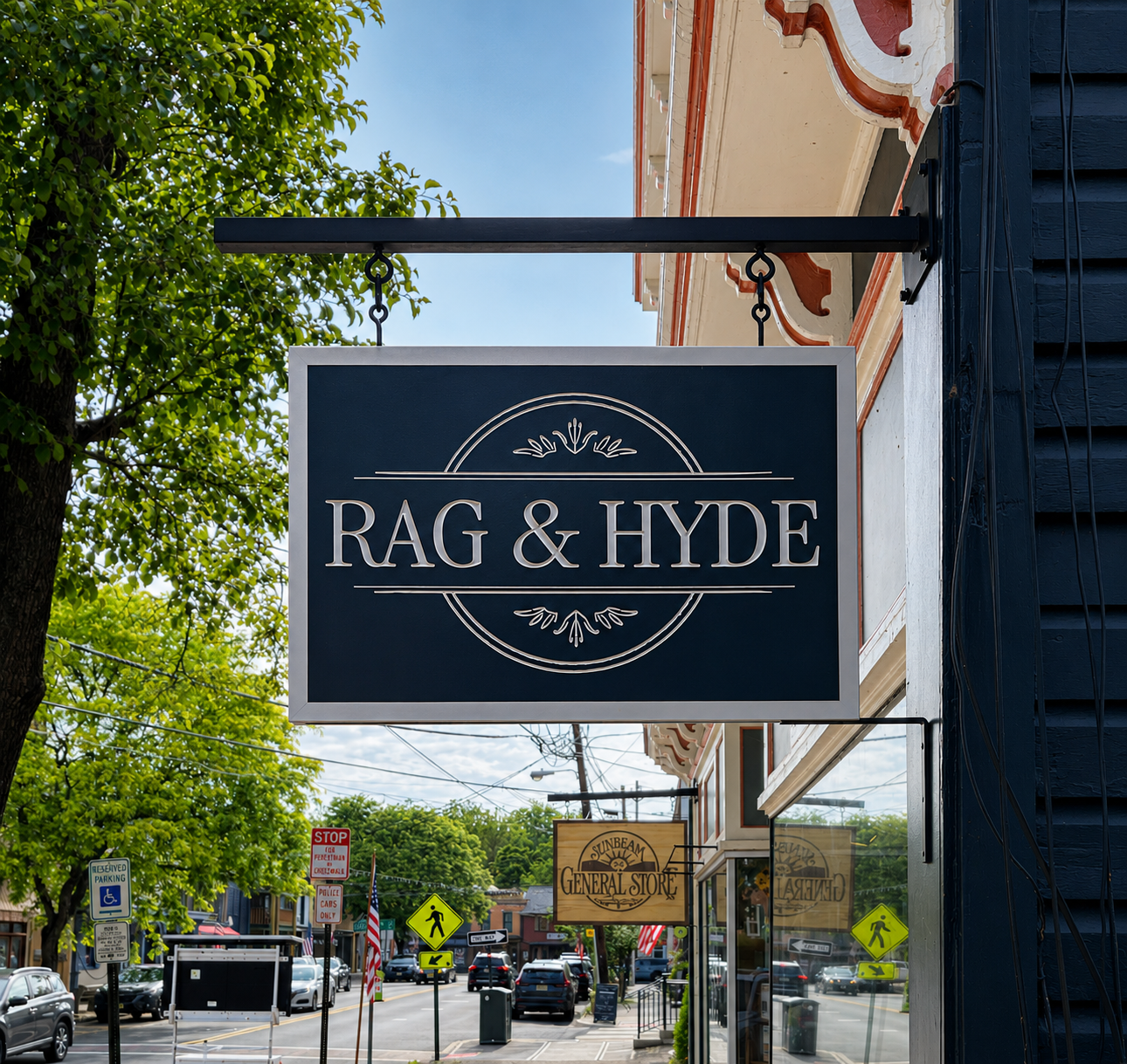Custom boutique storefront sign for Rag & Hyde — designed and crafted by Frenchtown Signs in Frenchtown, NJ
