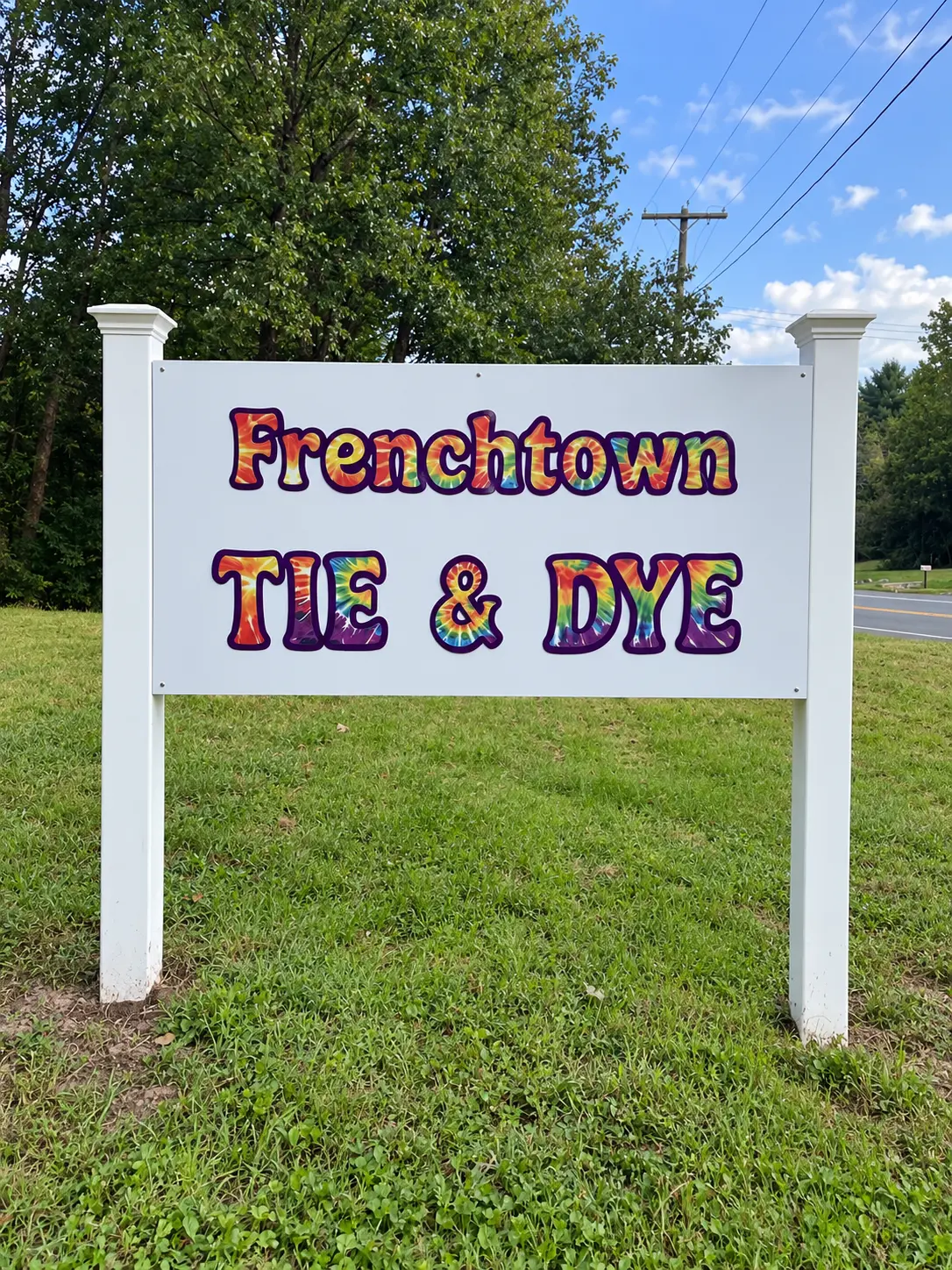 Custom rainbow tie-dye roadside panel sign for Frenchtown Tie & Dye — designed and crafted by Frenchtown Signs in Frenchtown, NJ