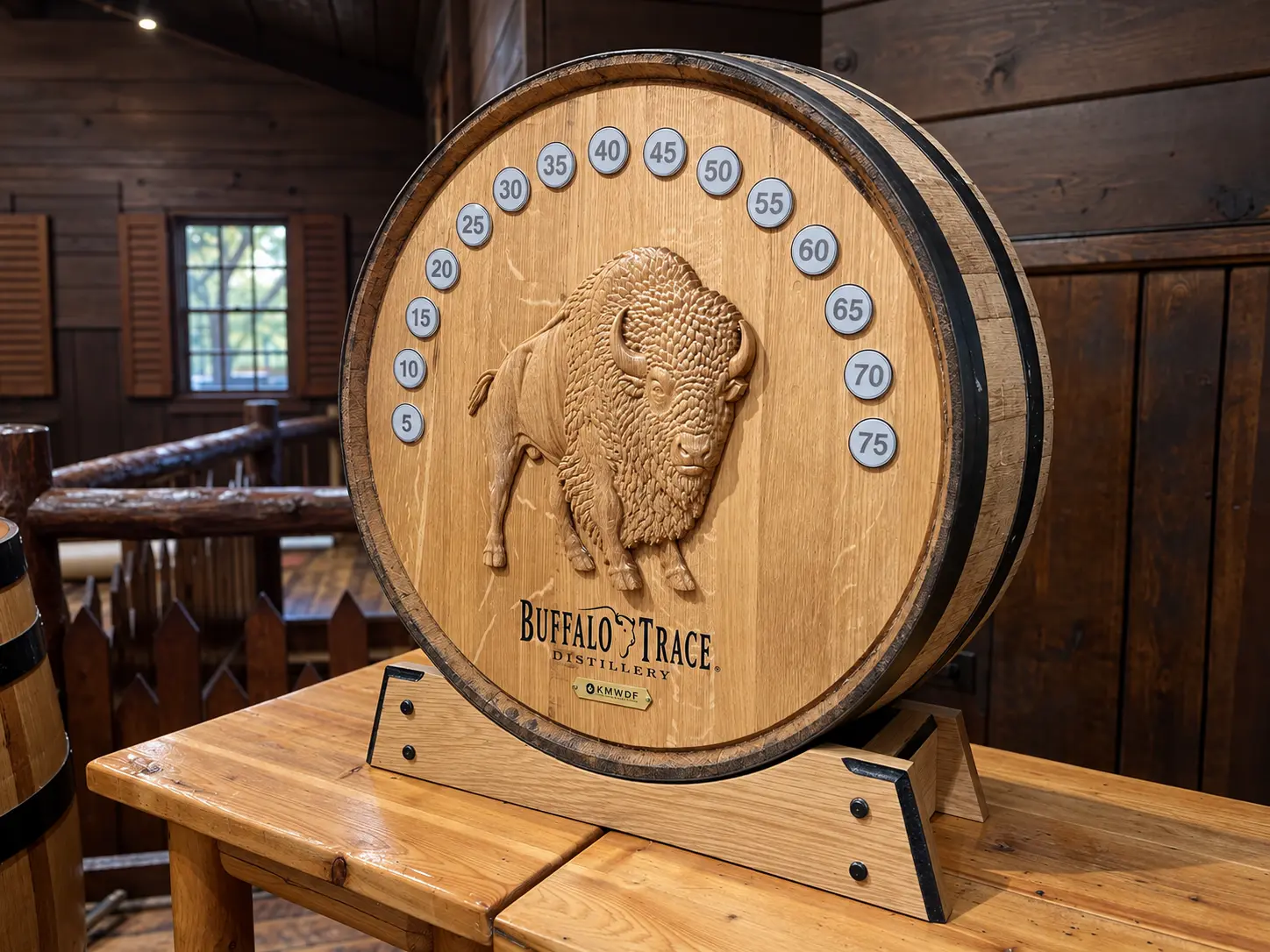Custom carved wooden barrel head display for Buffalo Trace Distillery — designed and crafted by Frenchtown Signs in Frenchtown, NJ