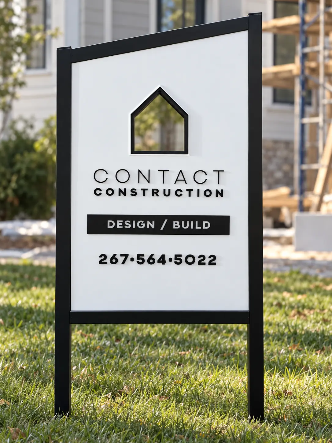 Custom white and black post-and-panel builder sign for Contact Construction — designed and crafted by Frenchtown Signs in Frenchtown, NJ