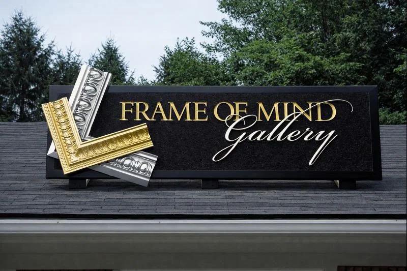 Custom gallery storefront sign for Frame of Mind Gallery — designed and crafted by Frenchtown Signs in Frenchtown, NJ