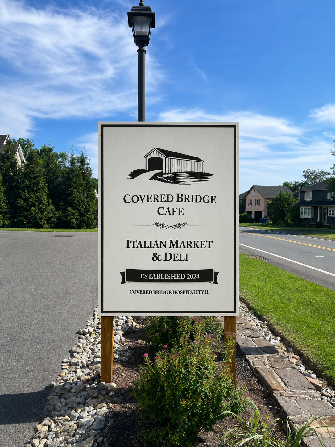 Custom carved wood cafe sign for Covered Bridge Cafe — designed and crafted by Frenchtown Signs in Frenchtown, NJ