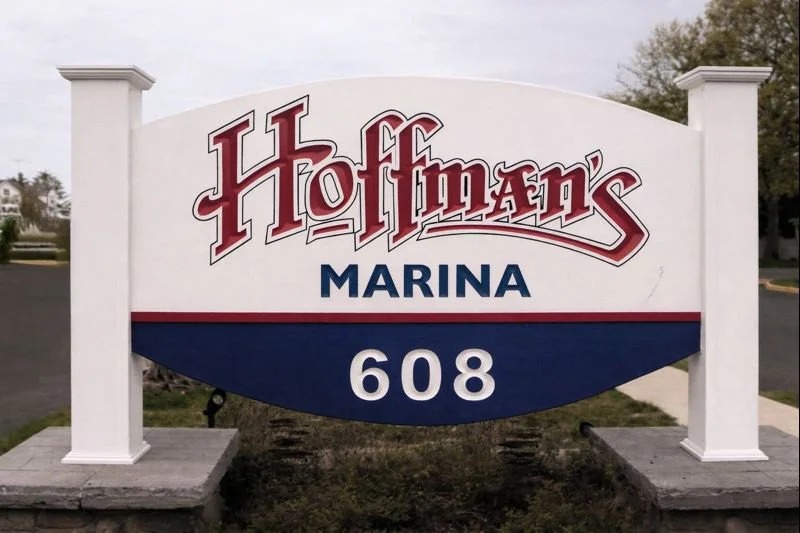 Custom marina entrance sign for Hoffman's Marina — designed and crafted by Frenchtown Signs in Frenchtown, NJ