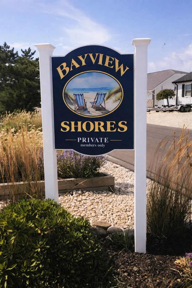 Custom carved property sign for Bayview Shores — designed and crafted by Frenchtown Signs in Frenchtown, NJ