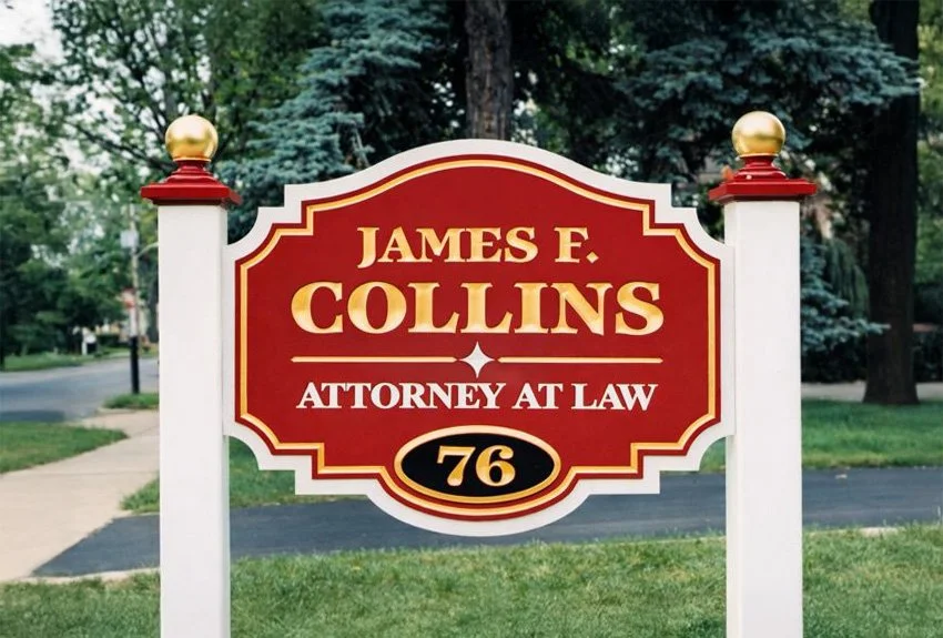 Custom law office exterior sign for James F. Collins, Esq. — designed and crafted by Frenchtown Signs in Frenchtown, NJ